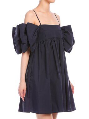 MEIMEIJ Navy Cold Shoulder Puff Sleeve Mini Dress Size 40